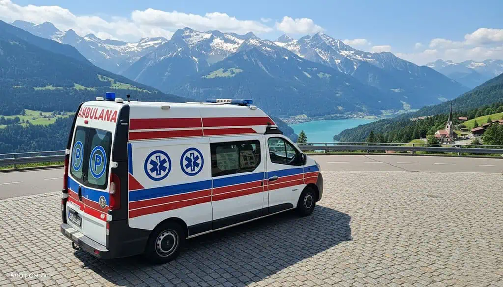 Ambulans medyczny na tle górskiego krajobrazu z jeziorami w tle, specjalny transport dla osób niepełnosprawnych, usługi przewozu medycznego, bezpieczeństwo i komfort przewozu pacjentów.