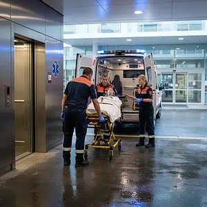 Ambulans z ratownikami podczas transportu osoby niepełnosprawnej w szpitalu. Ekipa medyczna zapewnia bezpieczeństwo i komfort pacjentowi podczas przewozu, korzystając z nowoczesnego pojazdu specjalistycznego.