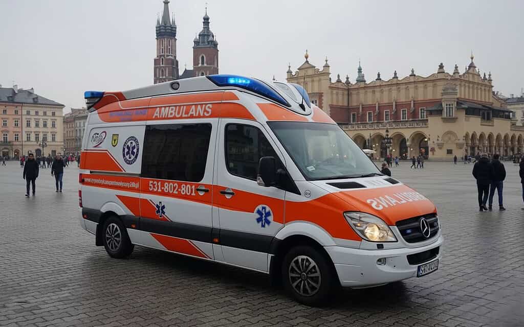 Mercedes-Benz Sprinter z ambulansowym oznakowaniem i uruchomionym niebieskim światłem, przeznaczony do przewozu osób niepełnosprawnych, na tle zabytkowych budynków w centrum miasta.
