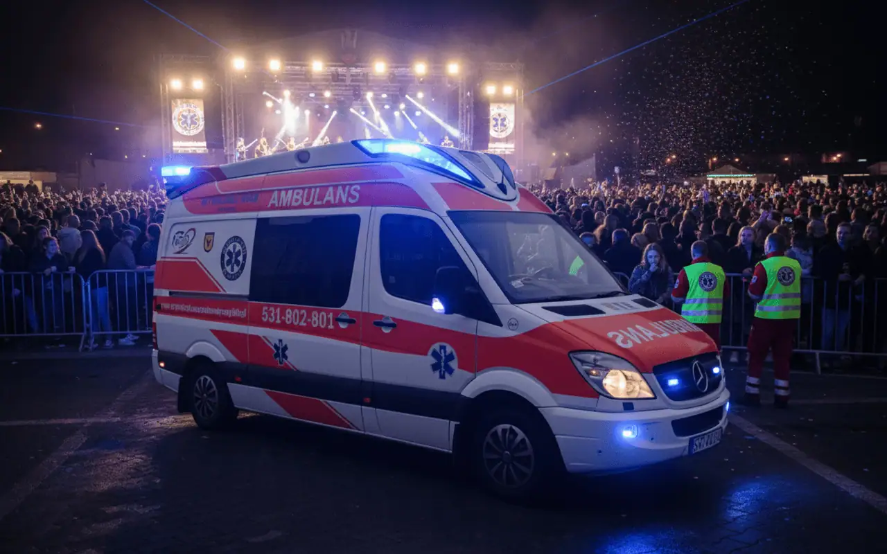 Ambulans na koncercie, obsługa medyczna i ratunkowa podczas wydarzenia, zapewniająca bezpieczeństwo i szybki dostęp do pomocy w razie potrzeby.