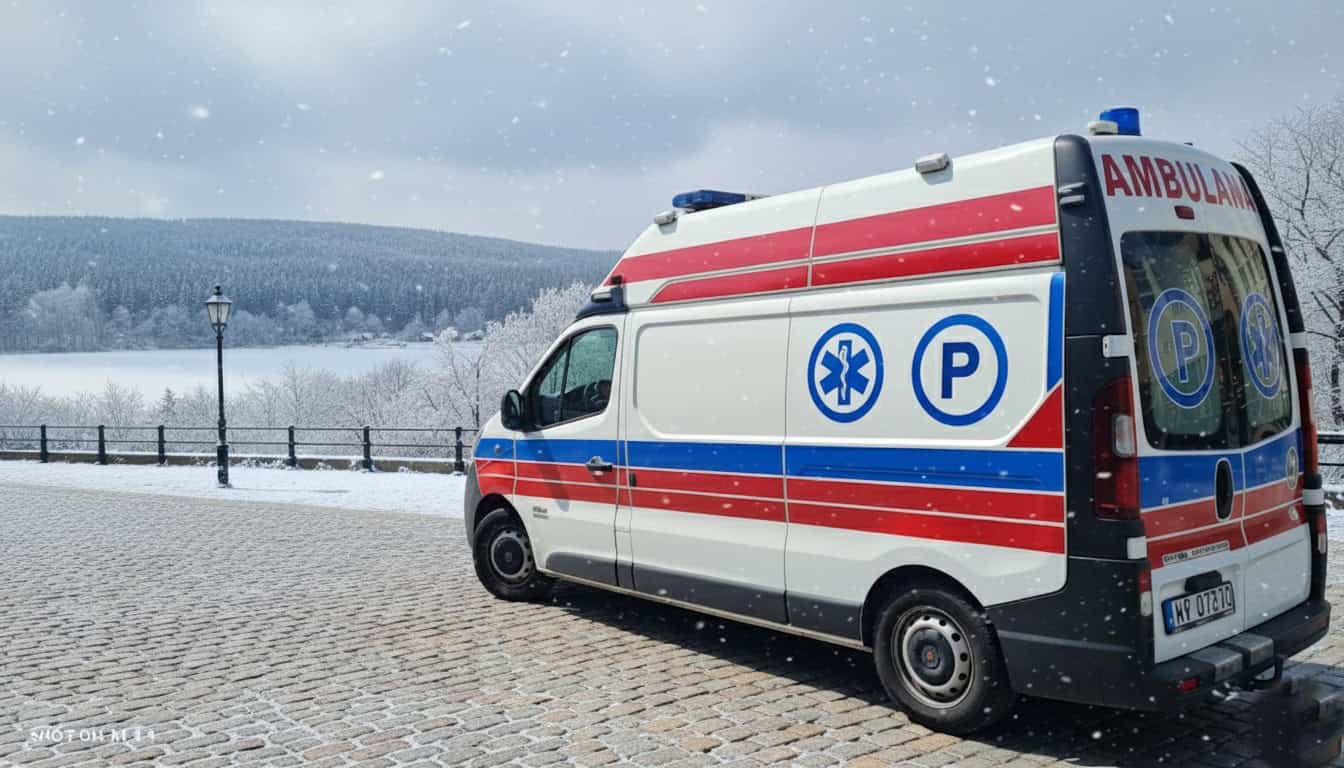 Samochód ratunkowy dla osób niepełnosprawnych na zimowej trasie, ambulans medyczny przystosowany do transportu pacjentów z niepełnosprawnością, pojazd medyczny na miejscu zdarzenia, specjalistyczny pojazd do przewozu niepełnosprawnych, transport medyczny osób niepełnosprawnych w trudnych warunkach zimowych.