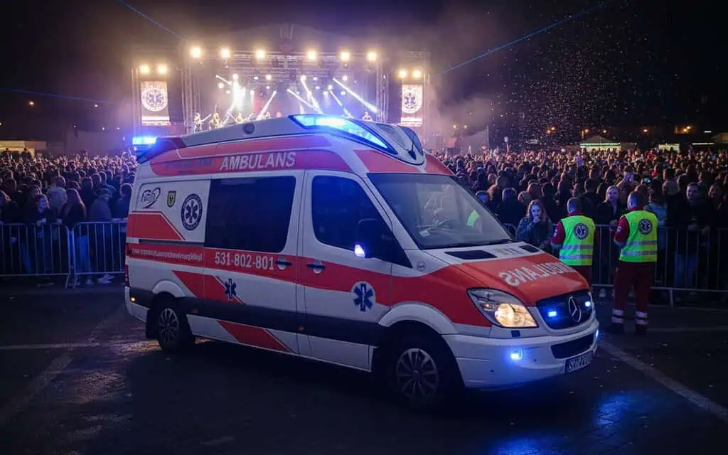 Samochód ratunkowy ambulance na koncercie nocnym z tłumem ludzi w tle, nowoczesny pojazd medyczny z sygnałami świetlnymi, dostępny do transportu osób niepełnosprawnych, profesjonalna opieka medyczna w trakcie wydarzenia.