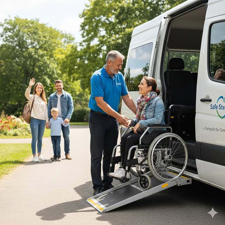 Wygodny transport osób niepełnosprawnych przy użyciu nowoczesnego wózka inwalidzkiego do i z pojazdu z rampą, zapewniający komfort i bezpieczeństwo podczas podróży.